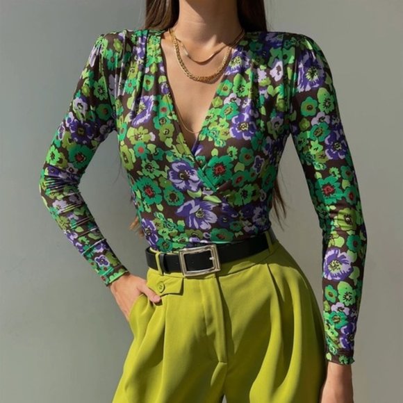 Zara Women's Floral Faux Wrap Long Sleeve Green Purple Draped Bodysuit Size S - Picture 1 of 13
